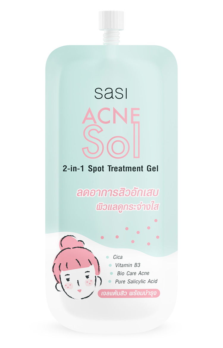 Beauty News, sasi Acne Sol Collection, sasi, ศศิ, แบรนด์ไทย, เครื่องสำอางแบรนด์ไทย, สกินแคร์แบรนด์ไทย, เจลแต้มสิว, เจลล้างหน้า, แป้งฝุ่น, แป้งพัฟ, แก้ปัญหาสิว, ดูแลปัญหาสิว, ปลอบประโลมผิว, cica, สิว, มินนี่ ภัณฑิรา พิพิธยากร, พรีเซ็นเตอร์