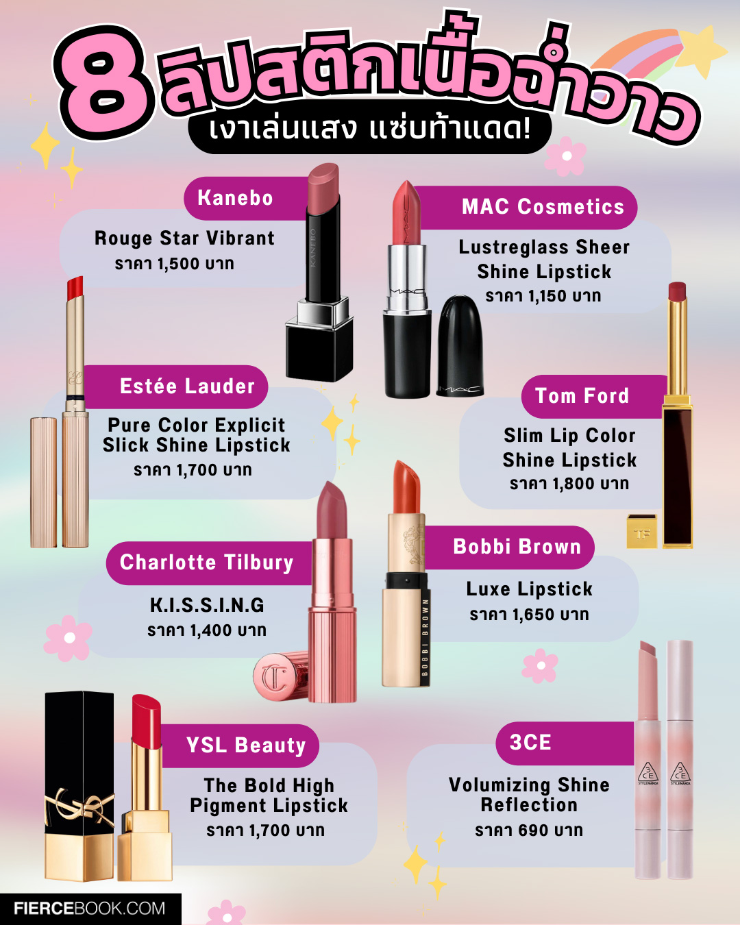 Beauty Items, ลิปสติก, ลิปไชน์, ลิปวาว, ลิปออกใหม่, สีปาก, ทาปาก, เนื้อฉ่ำ, เนื้อวาว, Kanebo Rouge Star Vibrant, MAC Lustreglass Sheer Shine Lipstick, Estée Lauder Pure Color Explicit Slick Shine Lipstick, Tom Ford Slim Lip Color Shine Lipstick, Charlotte Tilbury K.I.S.S.I.N.G, Bobbi Brown Luxe Lipstick, YSL The Bold High Pigment Lipstick, 3CE Volumizing Shine Reflection